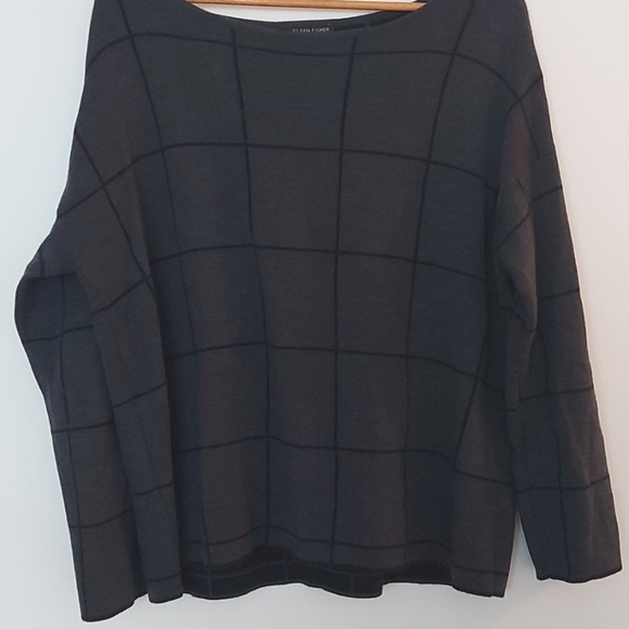Eileen Fisher Boxy Fit Bateau Neck Window Pane Merino Wool Sweater Black… - Picture 4 of 8